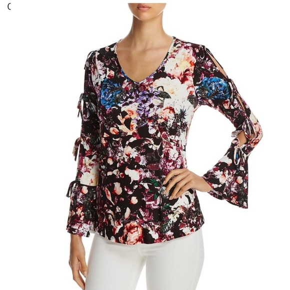 Cupio Women's Floral Print tie bell sleeves unique top fun bright Viscose soft - Picture 1 of 8